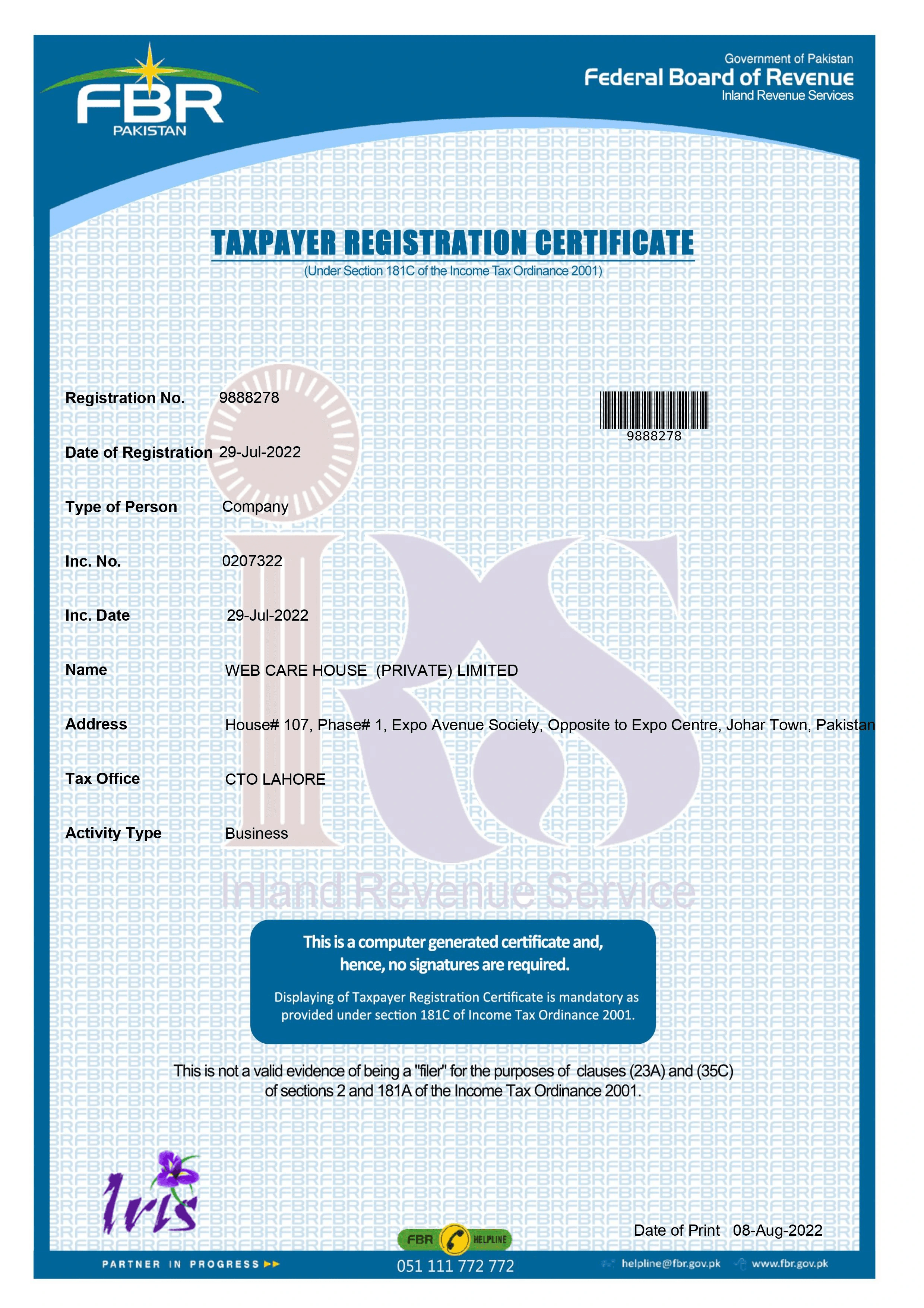 TaxPayer Certificate